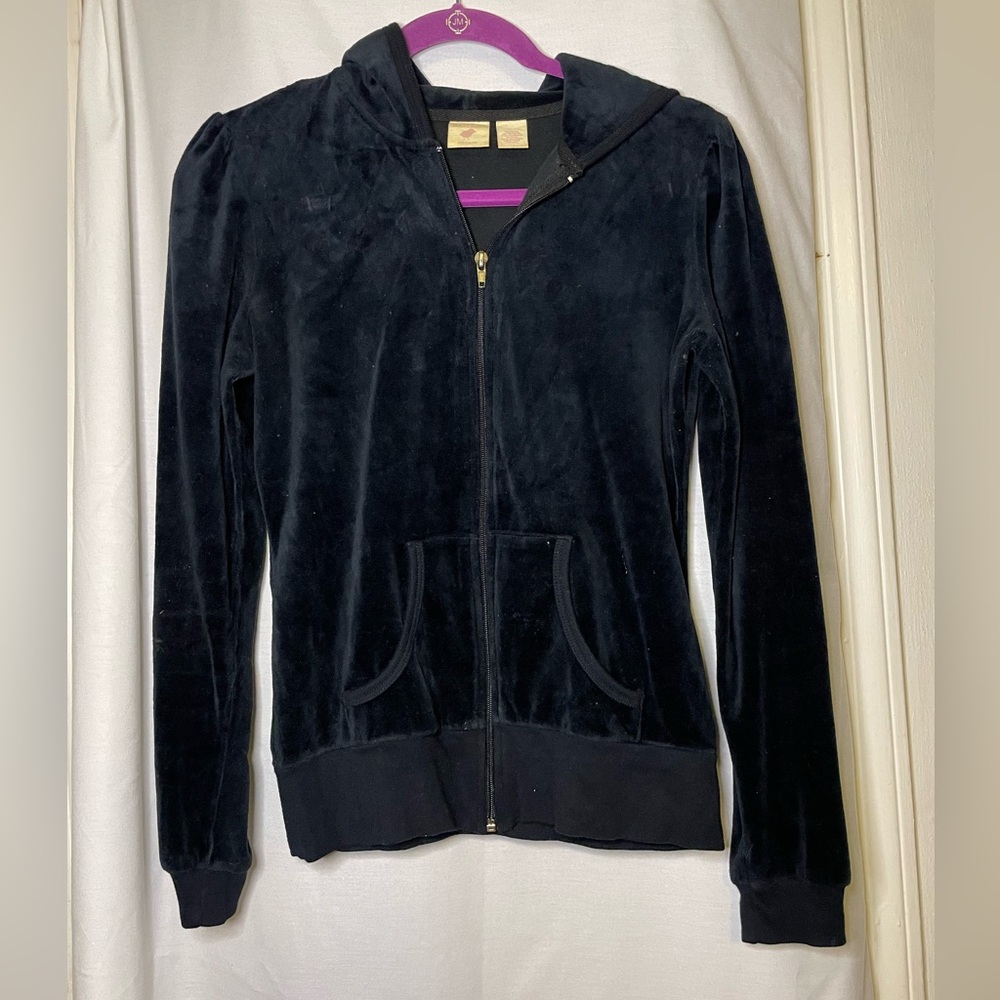 Preloved blu chic women's Black Velour Hoodie Zip Up Jacket w Pockets Size M